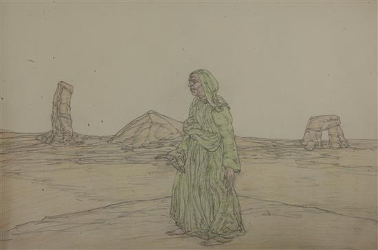 § Austin Osman Spare (1888-1956) Robed figure in a desolate landscape 8 x 13in. unframed
